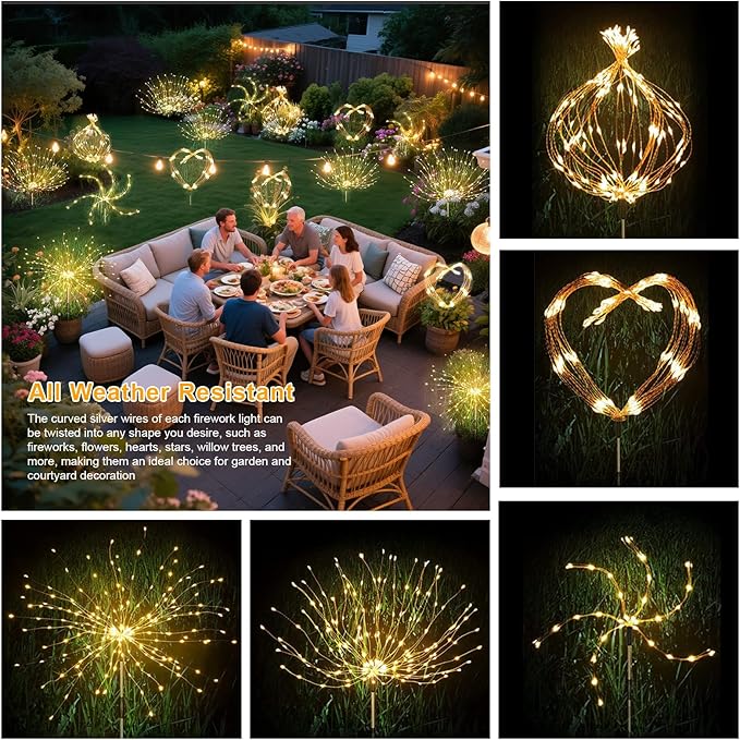 Solar Garden Firework Lights Outdoor Waterproof, 8 Pack Solar Lighting with 8 Lighting Modes, 120 LED Sparklers String Lights for Outside Decor Yard Pathway Decorations(Warm)