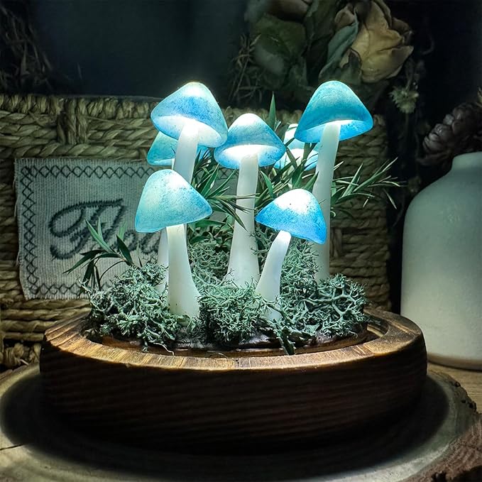 Mushroom Lamp, Decor LED Light in Glass Dome with Base for Home Bedroom Decor Birthday with Birthday Valentines Anniversaries Gifts Box (Blue-01)