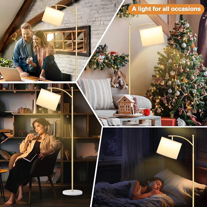 Ambimall 60" Floor Lamps for Living Room with 3 Color Temperatures, Gold Standing Lamp with White Marble Base, Modern Tall Lamps for Bedroom Office, 9W LED Bulb Included
