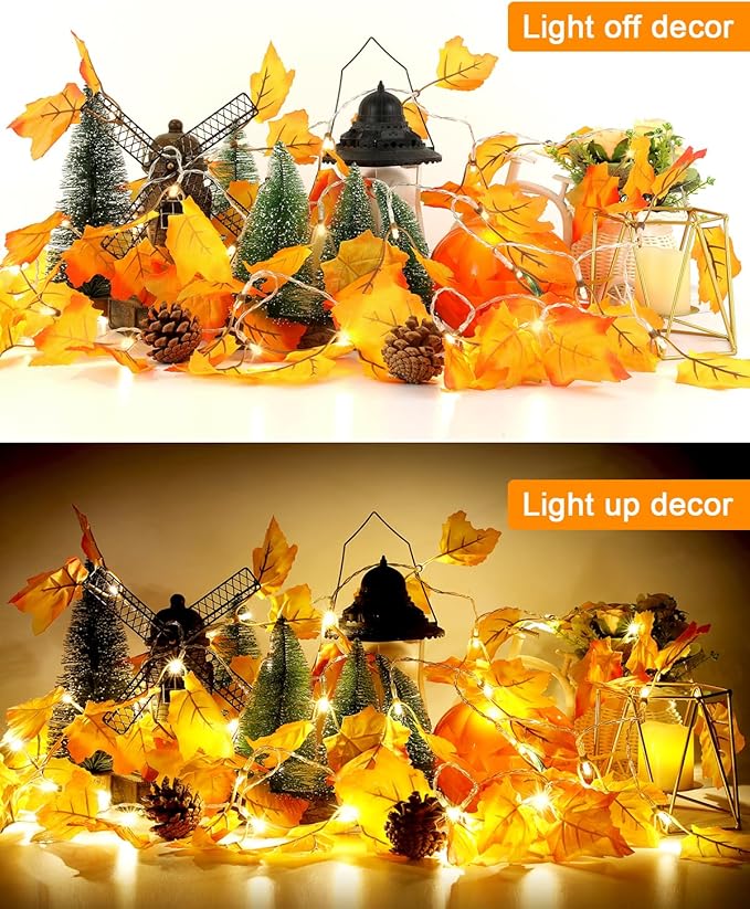 Fall Decor 2 Pack Lighted Fall Garland, Total 16.4ft 40 LED Thanksgiving Decorations Halloween String Lights, Friendsgiving Gift Thanksgiving Decor for Home Holiday Autumn Garland Indoor