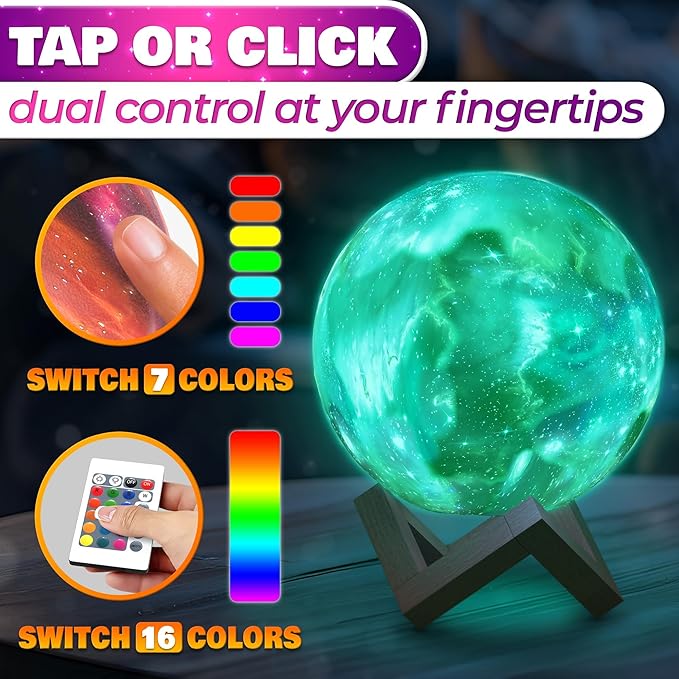 LED Galaxy Lamp 5.9" - 16 Colors, 4 Modes Mesmerizing 3D Moon Lamp with Touch & Remote Control, Wooden Stand, USB Charging - Printed Moon Night Light with Realistic Design | Party in The Dark Decor
