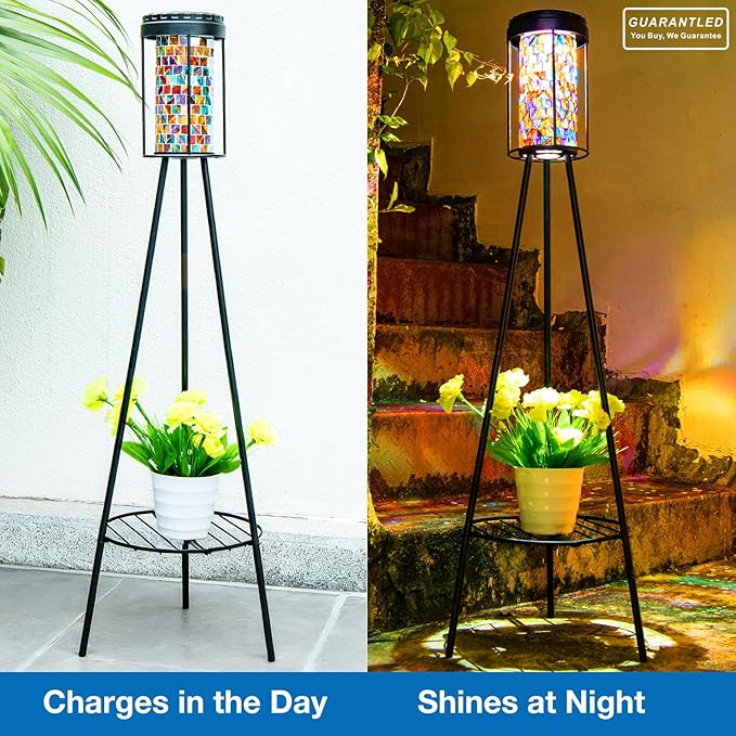 Outdoor Lamps for Patio, Outdoor Floor Lamp with Plant Stand, Solar Powered RGB Lights, Waterproof Standing Lamp for Garden Yard Décor, Stained Glass Decorative Floor Lamp, Gift for Women Mom