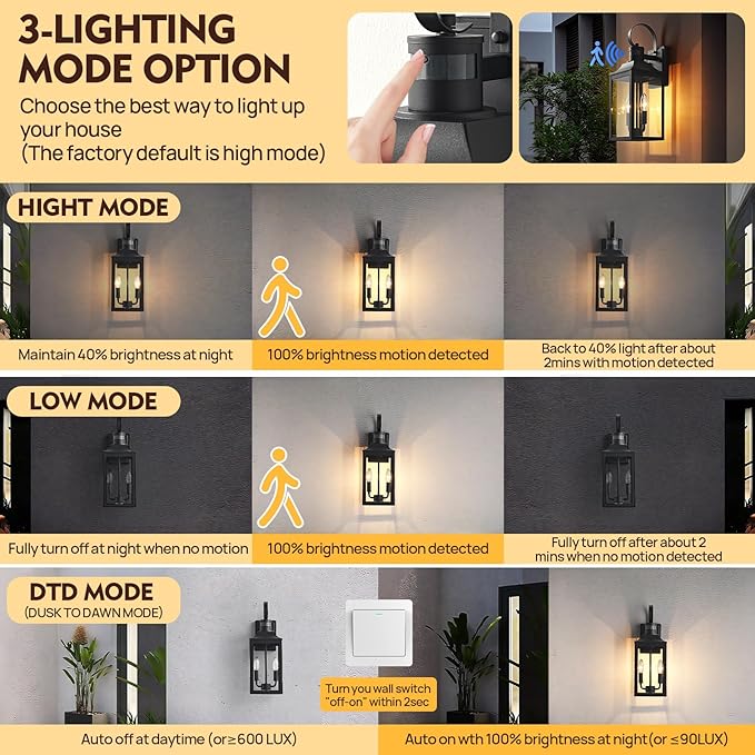 18.9" Black Motion Sensor Outdoor Wall Lantern, 2-Light Industrial Porch Light with Clear Glass Waterproof Exterior Light Fixture Sconce for Outside Porch, Patio, and Garage (1 Pack)