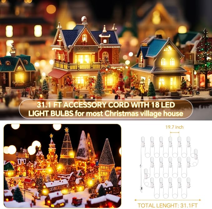 Leelosp Accessory Cord with 18 LED Light Bulbs 31.1 FT Christmas Village Light White Cord with On/Off Switch T20 LED Blow Mode Bulbs for Holiday Decorations Crafts Halloween