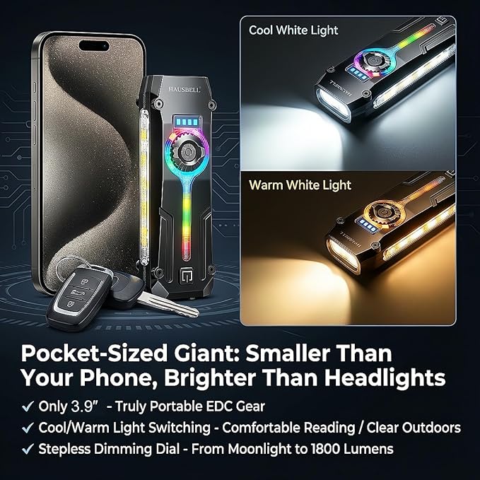 HAUSBELL Flat EDC Flashlight 1800 High Lumens, Stainless Steel Rechargeable Pocket Light with UV Blacklight, Red Light for Cats, Arrow-Shaped RGB Beacon, Magnetic Work Light, USB-C Stepless Dimming