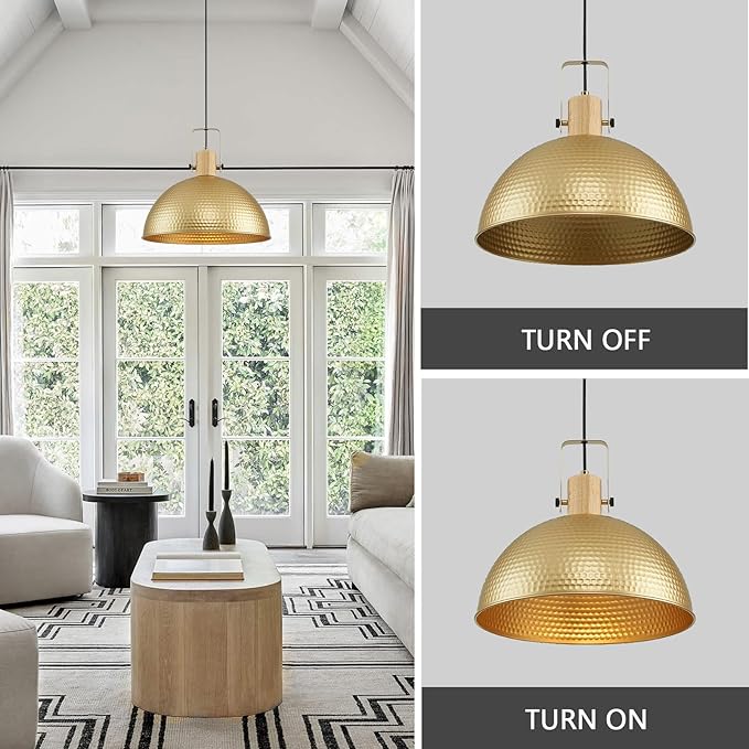 16 Inch Gold Pendant Lights Hammered Matte Pendant Lights for Kitchen Island Industrial Farmhouse Adjustable Height Dome Hanging Light Fixtures for Barn, Dining Room 2 Packs