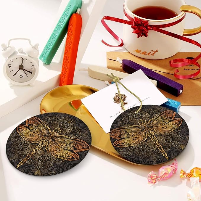 Exquisite Golden Dragonfly Mandala Christmas Ornaments, Christmas Decorations Xmas Tree Hanging Ornaments, Round Ceramic Festive Keepsake Gift for Christmas Decorations Holiday Home Party Decors