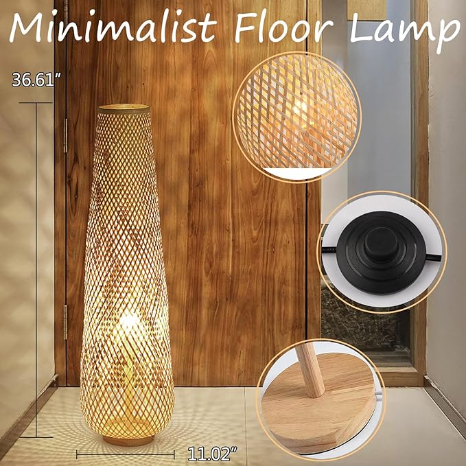 MIXL-Farmhouse Style Bamboo Floor Lamp,Large Wicker Indoor Floor Light,Boho Standing Light Plug in,Modern Minimalist Standing Lamp for Living Room Bedroom