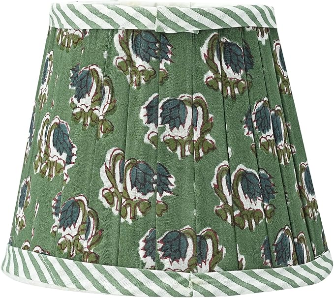 Ridhi Block Print Basil Green Lamp Shade 4" Top x 5" Bottom x 6" Slant Handmade Pleated Cotton Lampshade, Fits E26/E27 Base Table Lamps Boho Vintage Decorative For Bedroom, Living Room
