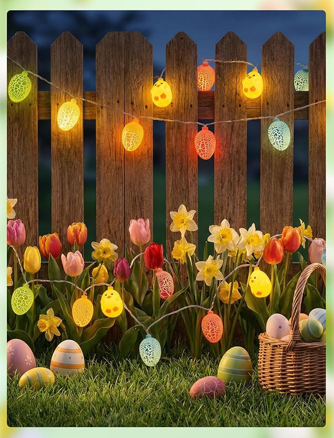 Easter Egg Chicken String Lights Plug in, 8.5Ft Outdoor Easter Decorations Lights with 10 LED Egg Chicken Pastel Fairy Lights Waterproof for Indoor Outdoor Spring Party Garden Home Window Decor