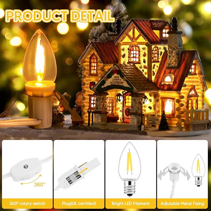 1Pack Accessory Cord with 10 LED Light Bulbs and Outlet - 17.7FT White Cord, Warm White C7 Lamp for Halloween and Christmas Village Accessories