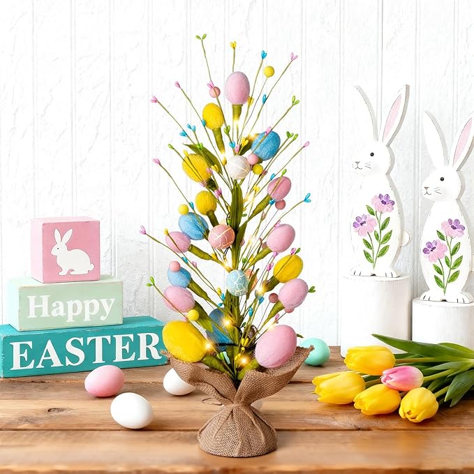 Easter Decorations Pre-Lit Easter Egg Tree with Timer Battery Operated,18inch Lighted Easter Tree Tabletop Decor with Eggs,LED Lights,Artificial Trees for Home Party Mantel Indoor Bedroom Spring