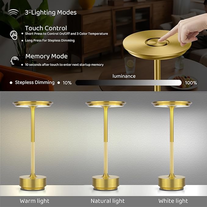 Cordless Table Lamp Rechargeable - 5000mAh Battery Operated LED Table Light with Touch Stepless Dimming & 3 Color Modes - Portable Gold Metal Outdoor Lamp for Patio, Restaurant, Bedroom