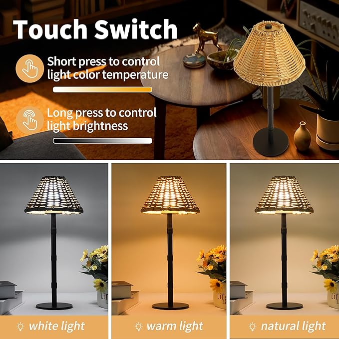 Mr.White Rechargeable Cordless Table Lamp with Wicker Shade, 5200mAh Battery Operated Portable Table Light with Touch Control, for Patio Restaurant Kitchen Dinner (Black)