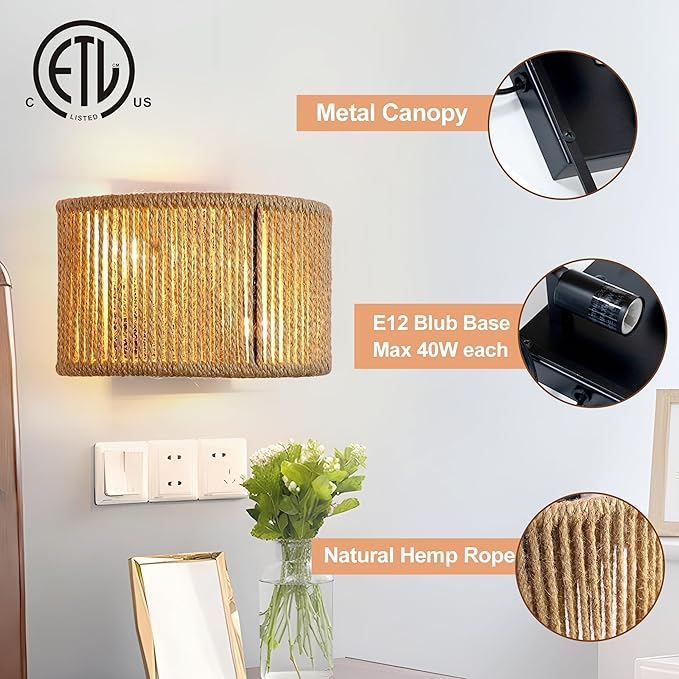 Rattan Wall Sconce Boho Wall Light Fixture Hand Woven Wall Mounted Lamp for Bedroom, Staircase, Aisle, Porch, Dia 9.7 Inch