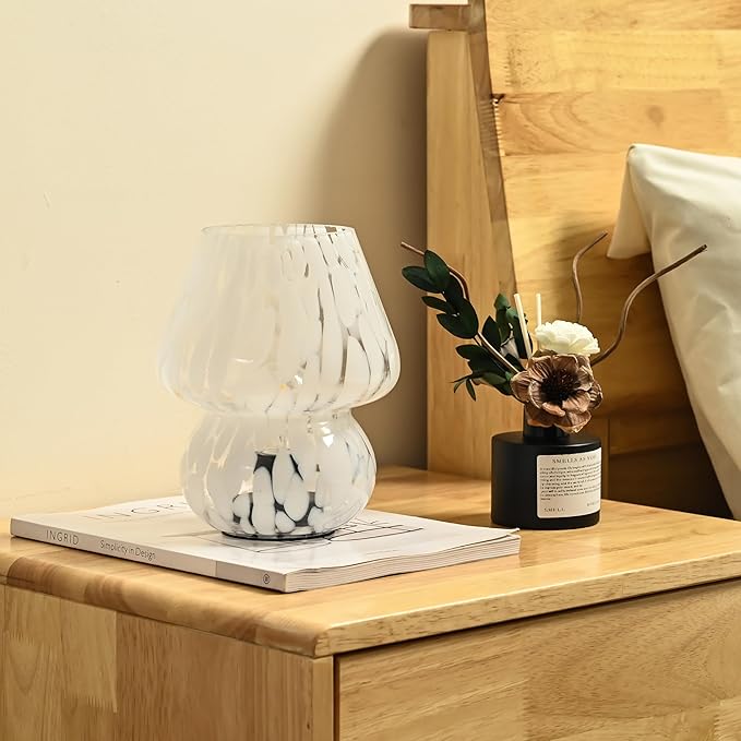 Mushroom Lamp Small Bedside Table Lamp, Battery Operated Mushroom Desk Lamps with LED Bulb, Translucent Glass White Cordless Lamp for Bedroom Nightstand Living Room