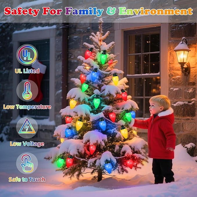 C7 35 LED Battery Operated Christmas Lights,Battery Powered Multicolor Waterproofing Bulbs,13FT 8 Modes with Auto On/Off Time for Xmas Tree Garden Patio Indoor Outdoor Christmas Decorations