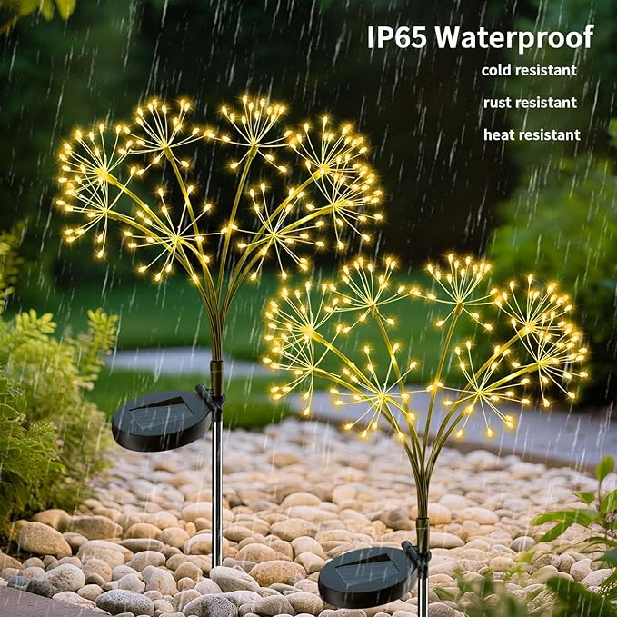 Solar Firework Lights Outdoor, 2 Pack Fairy Lights 160LED with 8 Modes, Warm White Solar Garden Lights for Yard Pathway Lawn Patio Landscape Decor (2pcs Flower Lanterns)