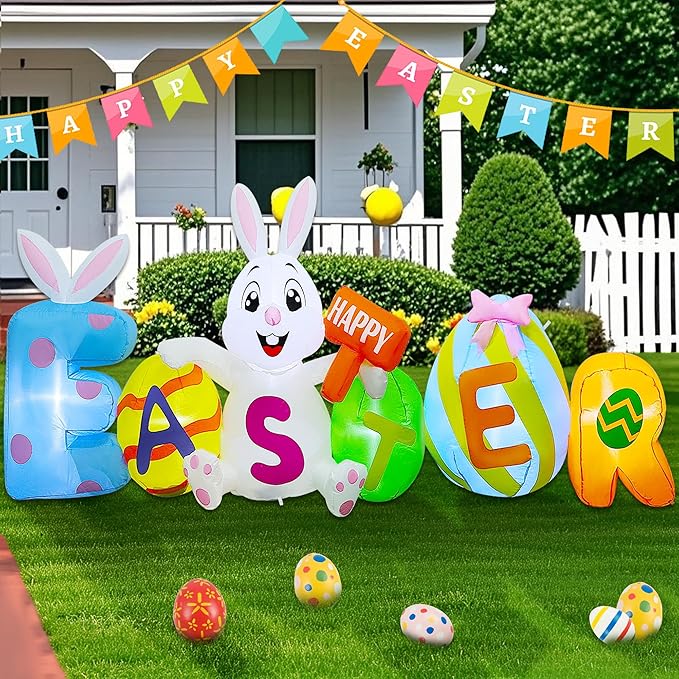 Joliyoou 8FT L Easter Inflatable Yard Decoration, Lighted Blow Up Bunny Sitting with Easter Eggs, Light Up Air Blown Rabbit Happy Easter for Spring Holiday Lawn Garden Indoor Outdoor Decors