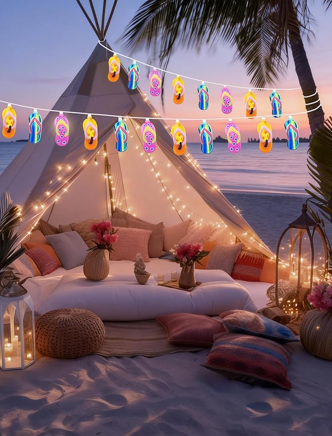 8.5Ft Summer Beach Themed Lights, 10L LED Flips Flops String Lights Plug in for Indoor and Outdoor Holiday Summer, Luau Aloha Hawaiian Tropical Party Décorations.
