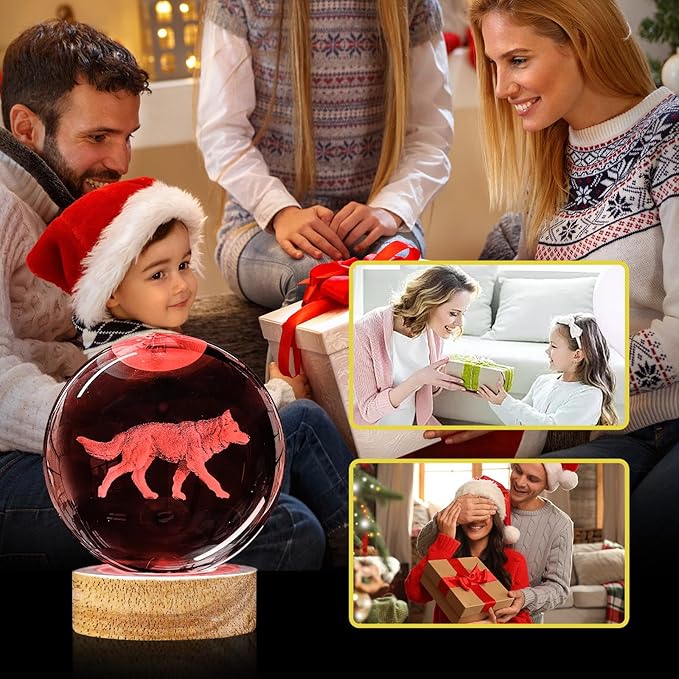 3D Crystal Ball Night Light with Wooden Base, 3.15" Glass Ball Lamp, 16 Colors, Remote Control, Cool Desk Decor, Gifts for Kids, Friends, Birthday, Holiday
