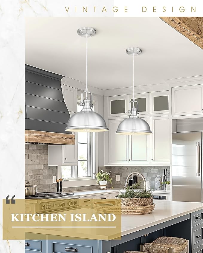Pendant Lights Kitchen Island, Farmhouse Hanging Lights Fixtures with Metal Shade, Rustic Kitchen Pendant Lighting Over Island for Dining Room, Brushed Nickel, AD-2151-1PL-SN