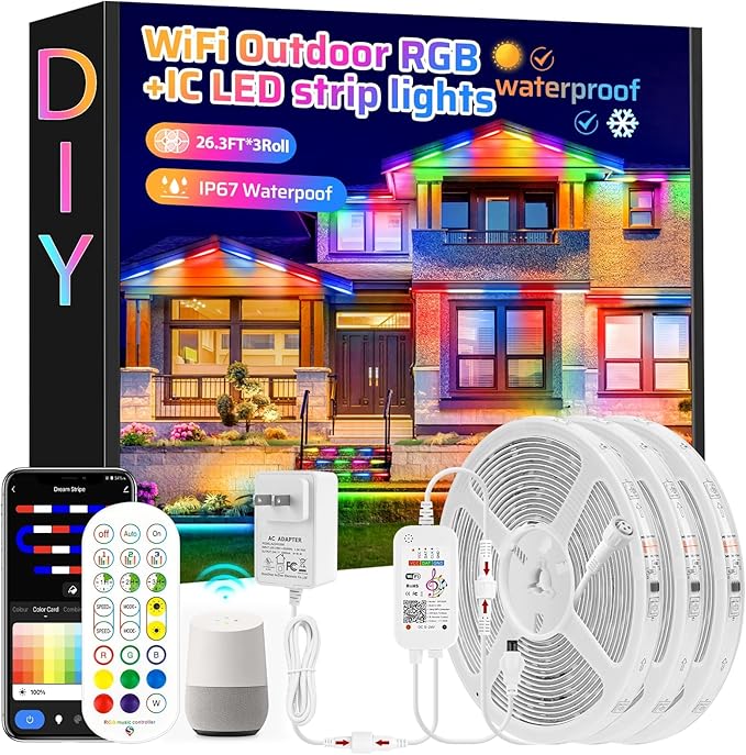 78FT IP67 WiFi RGB Outdoor Led Strip Lights Waterproof Led Light Strips with Remote &WiFi Music Sync App Control,Color Changing LED Rope Lights (RGB+IC / 480LED)