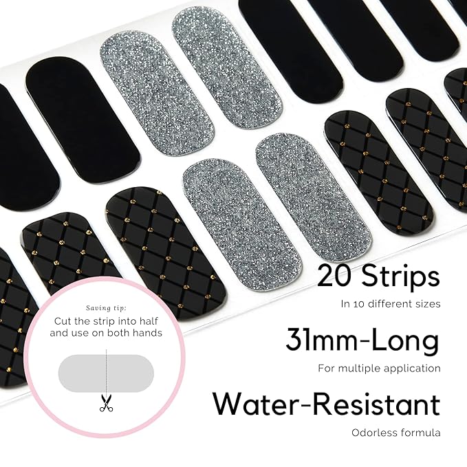 NAILOG Semi Cured Gel Nail Strips, 20Pcs Black Glitter Lasting Gel Nail Stickers, Salon Quality Easy Apply & Remove Works with Any UV/LED Nail Lamps, Black Pearl