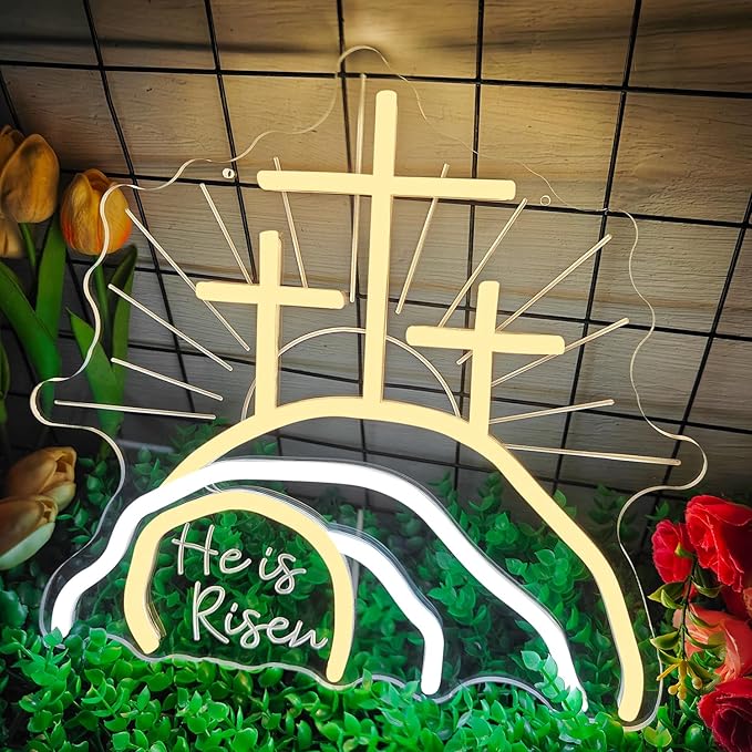 Empty Tomb Easter Neon Sign Dimmable He Is Risen Led Sign Christian Resurrection Cross Neon Lights Calvary Light Up Jesus Nativity Scene Religious Wall Decor