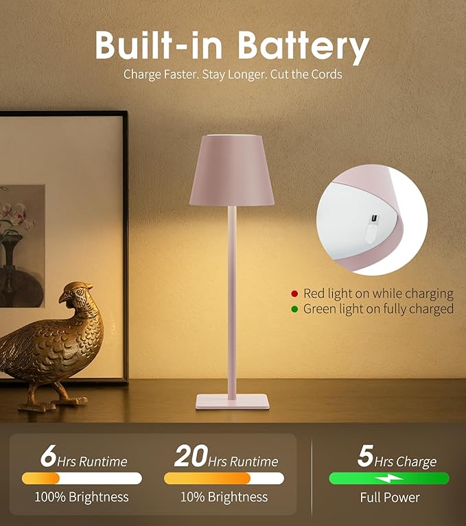 UME 3 Pack Cordless Table Lamp, Battery Operated Lamp - Portable Waterproof Rechargeable Table Lamp w/ 3 Color Temps & Stepless Dimming for Dinner, Desk, Cafe, Outdoor (Pink)