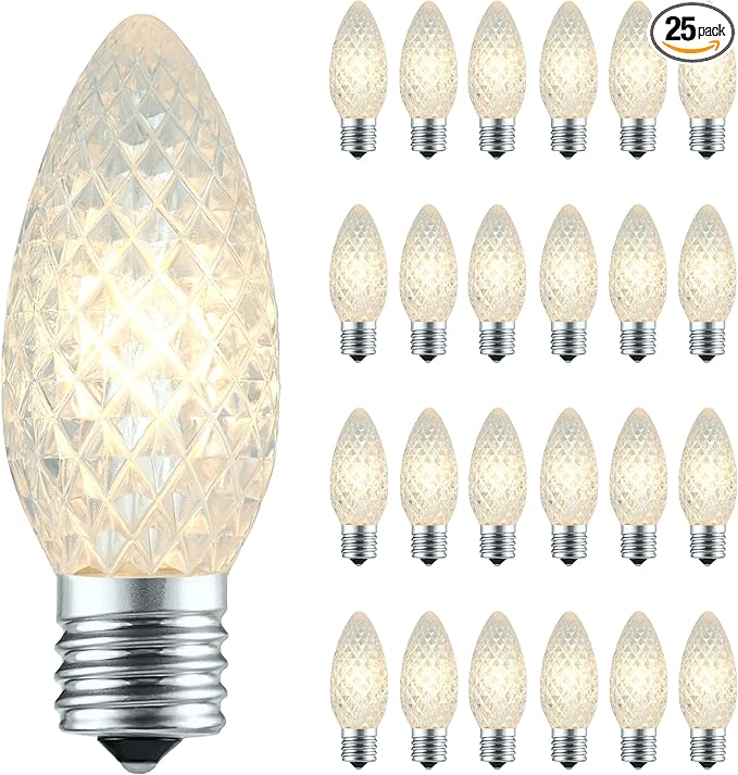 YULETIME Pack of 25 Faceted Warm White C9 Replacement Bulbs, Shatterproof LED Strawberry Bulbs for E17 Base Sockets Christmas String Lights