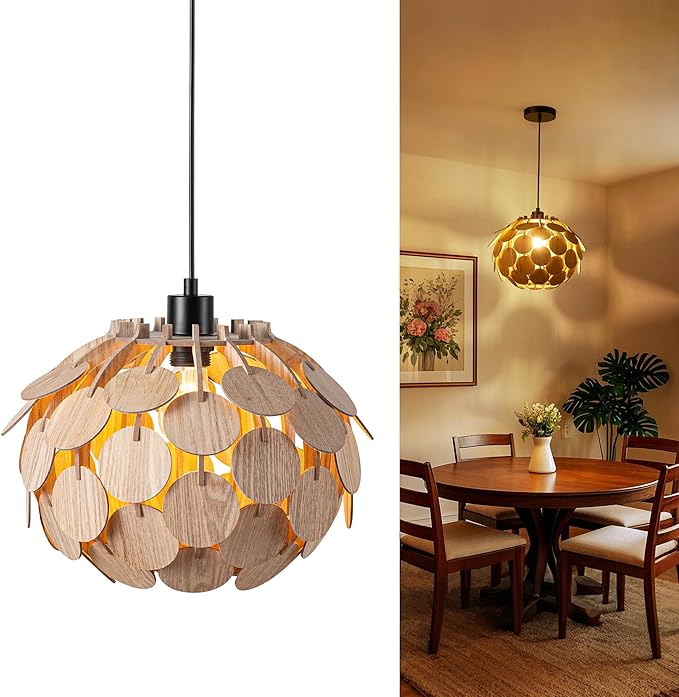 Vintage Wood Pendant Light Fixtures, Modern Farmhouse Walnut Dining Room Chandelier, Mid-Century Ceiling Mount Hanging Light Fixture for Kitchen, Bedroom, Living Room, Foyer, Art Decor, Black