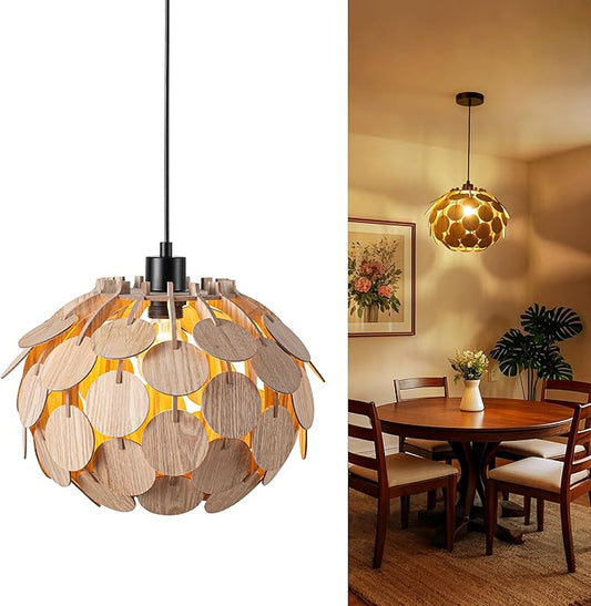 Vintage Wood Pendant Light Fixtures, Modern Farmhouse Walnut Dining Room Chandelier, Mid-Century Ceiling Mount Hanging Light Fixture for Kitchen, Bedroom, Living Room, Foyer, Art Decor, Black