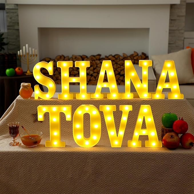9 Pcs Shana Tova Large LED Letter Signs Rosh Hashanah Decor LED Lights Battery Powered Shana Tova Party Table Decorations for Party Rosh Hashanah Tabletop Decorations