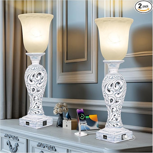 20" Vintage Table Lamp Set of 2 for Living Room, Rustic Farmhouse Bedside Lamps for Bedroom, 3-Way Dimmable Desk Lamps with Nightlight and 2 USB Ports, Traditional Nightstand Lamps with Glass Shade