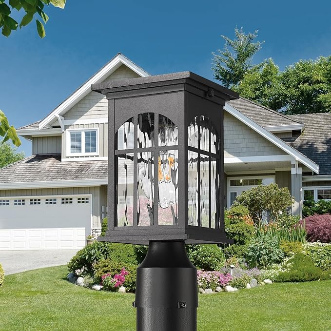 Solar Lamp Post Lights Outdoor Waterproof, Dusk to Dawn Outside Pole Light Fixture with Remote, Exterior Pillar Lantern with Water Ripple Glass and LED Bulb for Pathway Garden Patio Gargae