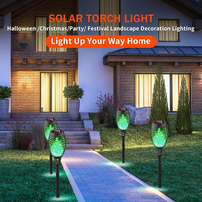 Swingers Solar Lights Outdoor,Halloween Solar Torch Lights with Flickering Flame,Waterproof Outdoor Garden Lights for Outside Patio Pathway Yard Decorations(8, Green)