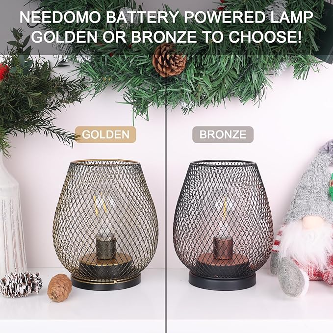 NEEDOMO Set of 2 Battery Operated Lamp Outdoor Table Lantern, LED Metal Cage with Timer Mode, Vintage Decorative Lights Cordless Lamp Indoor Outdoor Patio Bedroom Living Room (Golden)