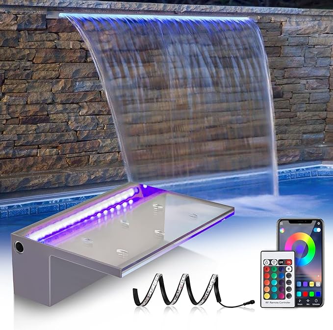 PONDO 12'' APP Pool Waterfall with 16 Colors LED Lights, Acrylic Pond Fountain Set for Outdoor Decorations, Patio Waterfall Spillway Kit on The Wall for Garden, Easy Installation