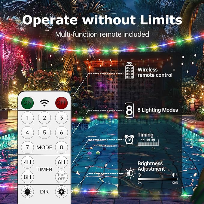 4 + 65.6ft Solar LED Pool Lights for Above Ground Pools – Waterproof 200 LEDs with Remote, 8 Color Modes – Outdoor String Lights for Frame Pools, Trampoline & Above Ground Pool Accessories