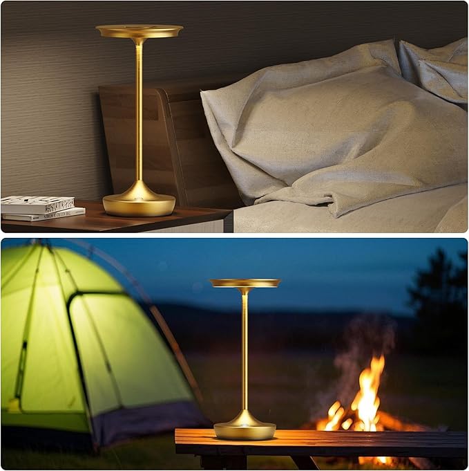 2 Pack LED Rechargeable Cordless Table Lamps, Portable Outdoor Battery Operated 3 Color Stepless Dimming Tables Lamp with Memory Function for Patio Restaurant Dining Room Gold