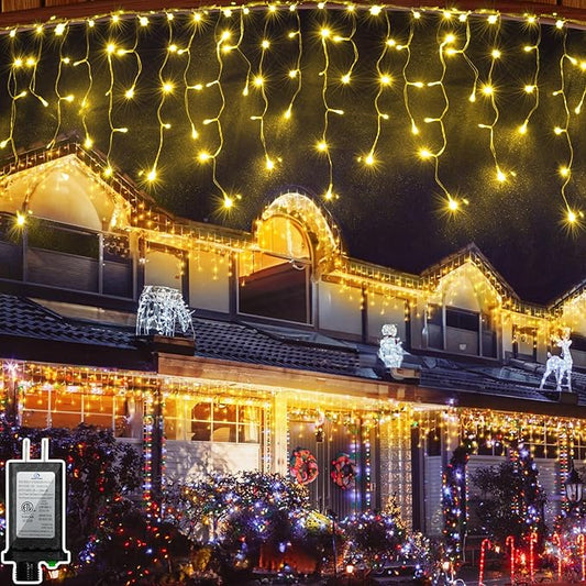 132FT 1332 LED Outdoor Christmas Lights - 296 Ice Drops, 12 Pro Modes with Timer Memory & Brightness, Waterproof Hanging Ice String Light for Holiday Wedding Garden Fence House Decor (Warm White)