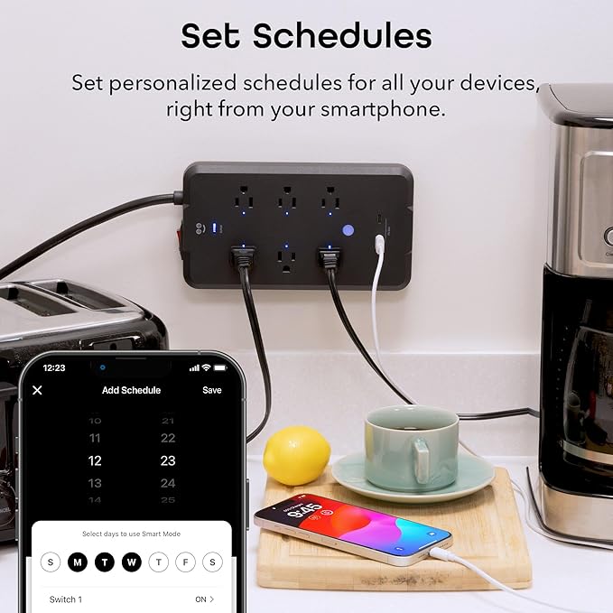Geeni Smart Plug Power Strip, 6 Outlets and 2 USB Ports, 6 ft. Cord, Surge Protector with Voice Control, WiFi Control, Compatible with Alexa & Google Home, No Hub Required, Black