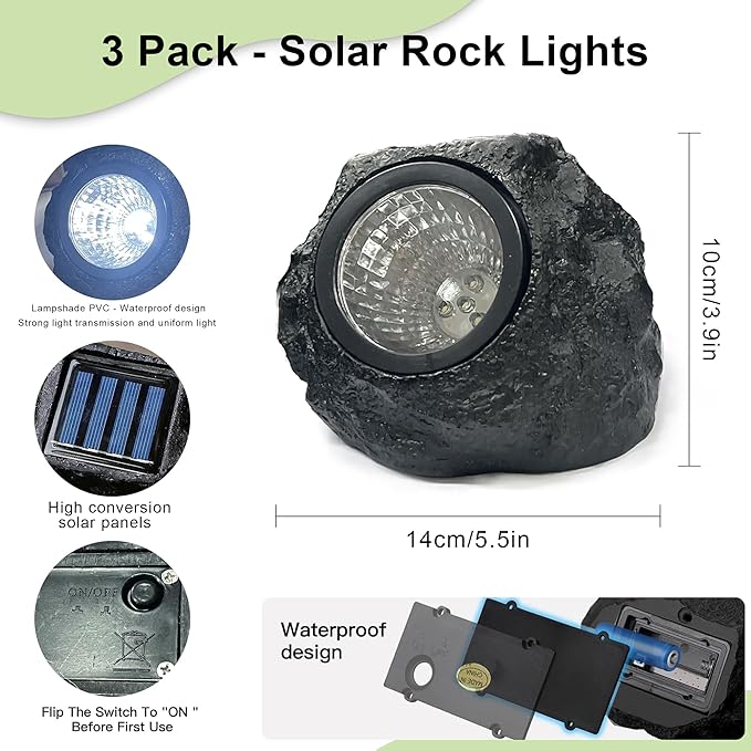 LIYAOLI Solar Rock Landscape Lights - 3 Pack Waterproof IP65 Fake Stone Solar Lights for Garden Pathways | Outdoor Ground Lighting with Auto On/Off & White LEDs