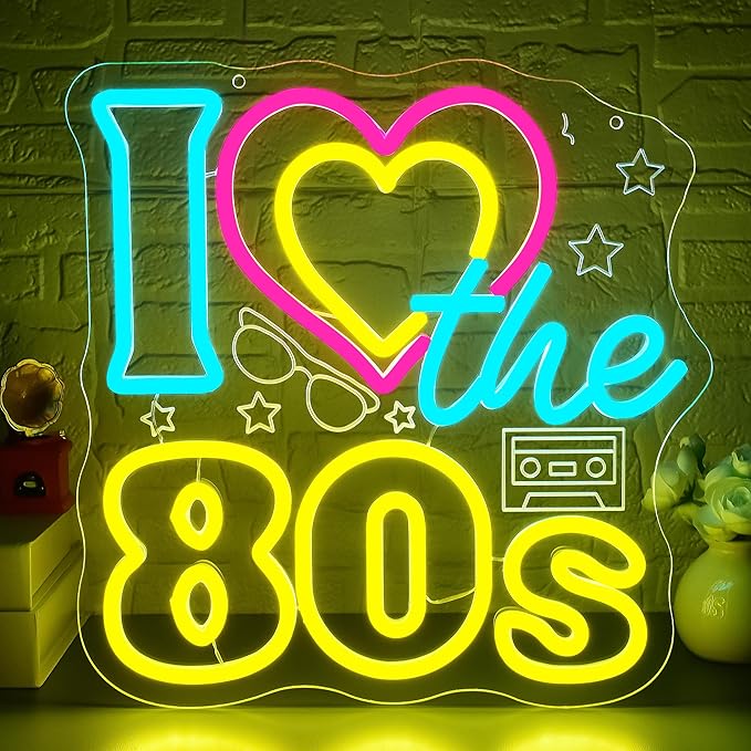 I Love The 80's Neon Sign for Wall Decor Dimmable 80's Theme LED Neon Light for Party Decor Vintage Radio Music Background for Bar Party Disco Birthday Music Studio Heart Signs Size 13.3*13in(GLNP235)