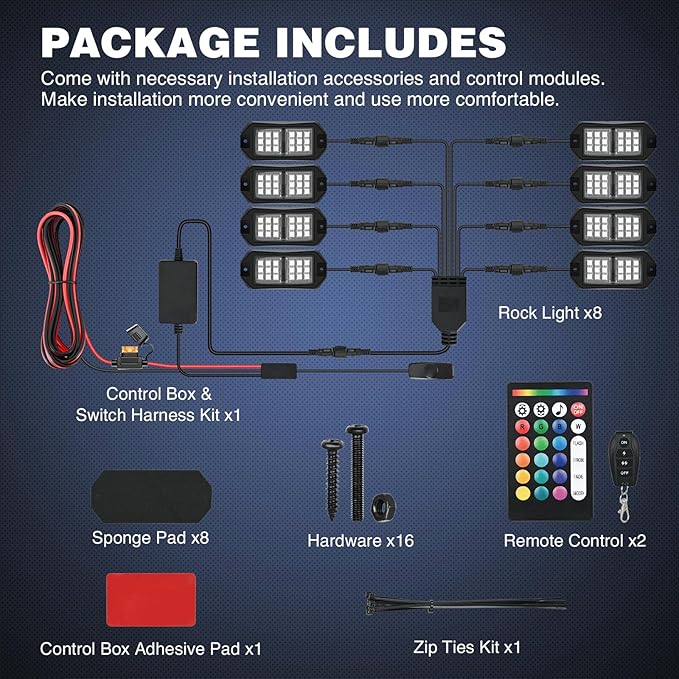 Nilight RGB LED Rock Lights Kit 8 PCS 18LED Wide Angle Wheel Well Light with Remote & Bluetooth App Dual Control Multi Modes Underglow Multicolor Neon Pod for ATV UTV SUV Offroad Truck RZR Boat