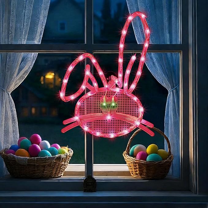 17" 40LED Lighted Pink Bunny Easter Decor - UL Certified, Soft Warm Glow, Window Decoration & Hanging Accent, Easter Party Essential, Beautiful Gift Box Packed