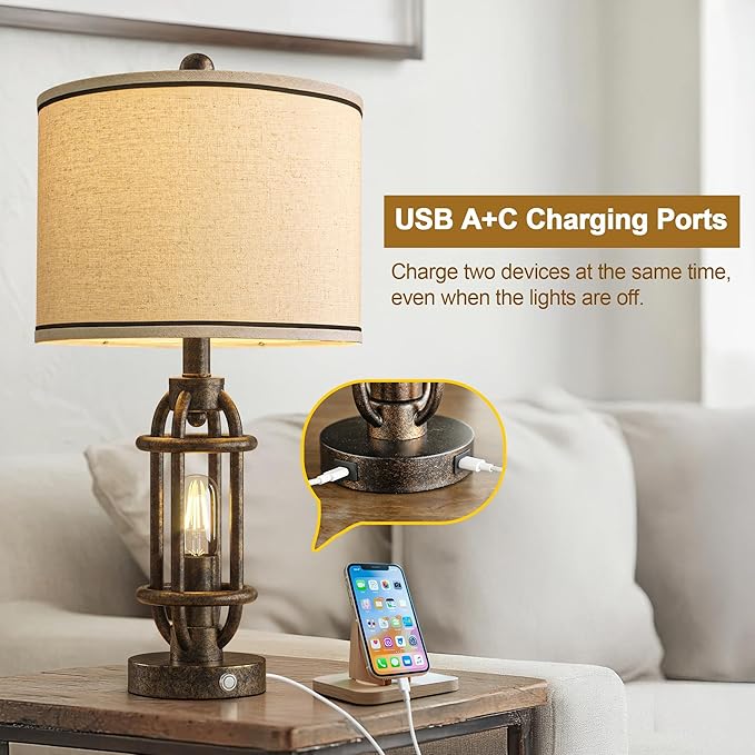 23.75'' Table Lamps Set of 2 for Living Room Bedroom Industrial Farmhouse Metal Touch Lamps with USB A+C Ports, Night Light Vintage Nightstand Bedside Lamp, Bulbs Included, Bronze
