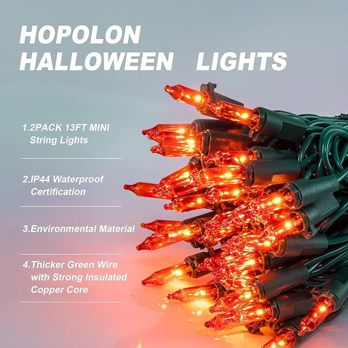 Hopolon Orange Halloween Lights, 2PACK 13ft 50 Orange Lights String,120V UL Certified String Light, Plug in Green Wire Fall Light Waterproof for Spooky Thanksgiving Party Decor(2pcs)