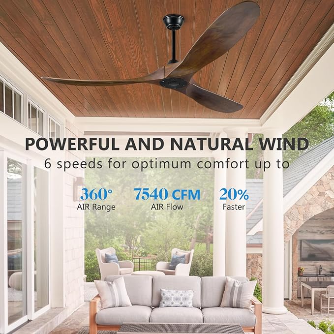 Eliora Ceiling Fan without Light, 60 Inch Wood Ceiling Fan no Light with Remote Wall Switch, Outdoor Fan for Patio, Porch, Bedroom, 6 Speed, Quiet DC Motor, ETL Listed-Deep Walnut